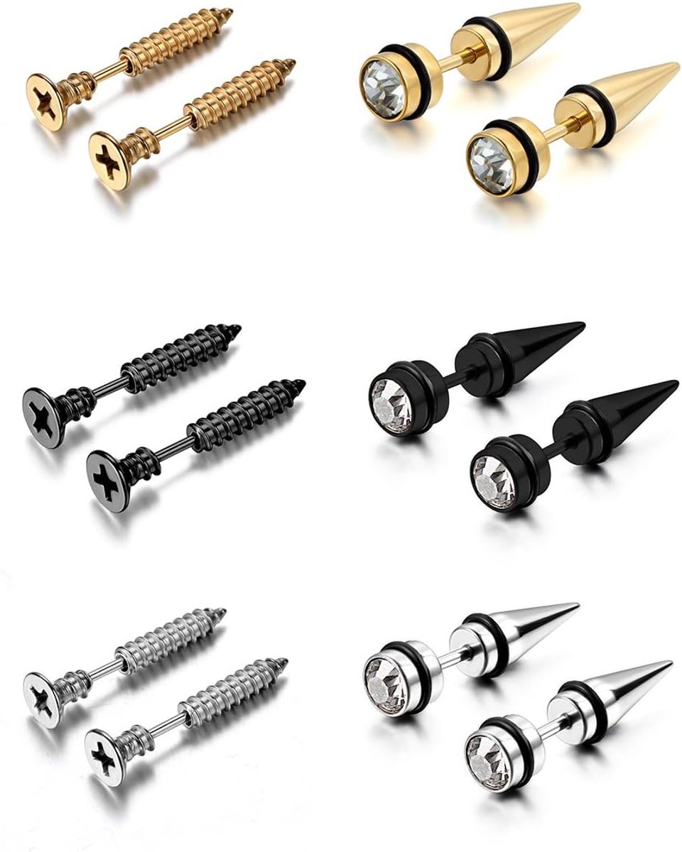 6 paar fake plug expansiestaafjes roestvrij staal taper met rubber O-ringen fakeplugs oortunnel piercing oorringen expander, diameter 5 mm, 6 gemengde kleuren, Roestvrij staal, kristal