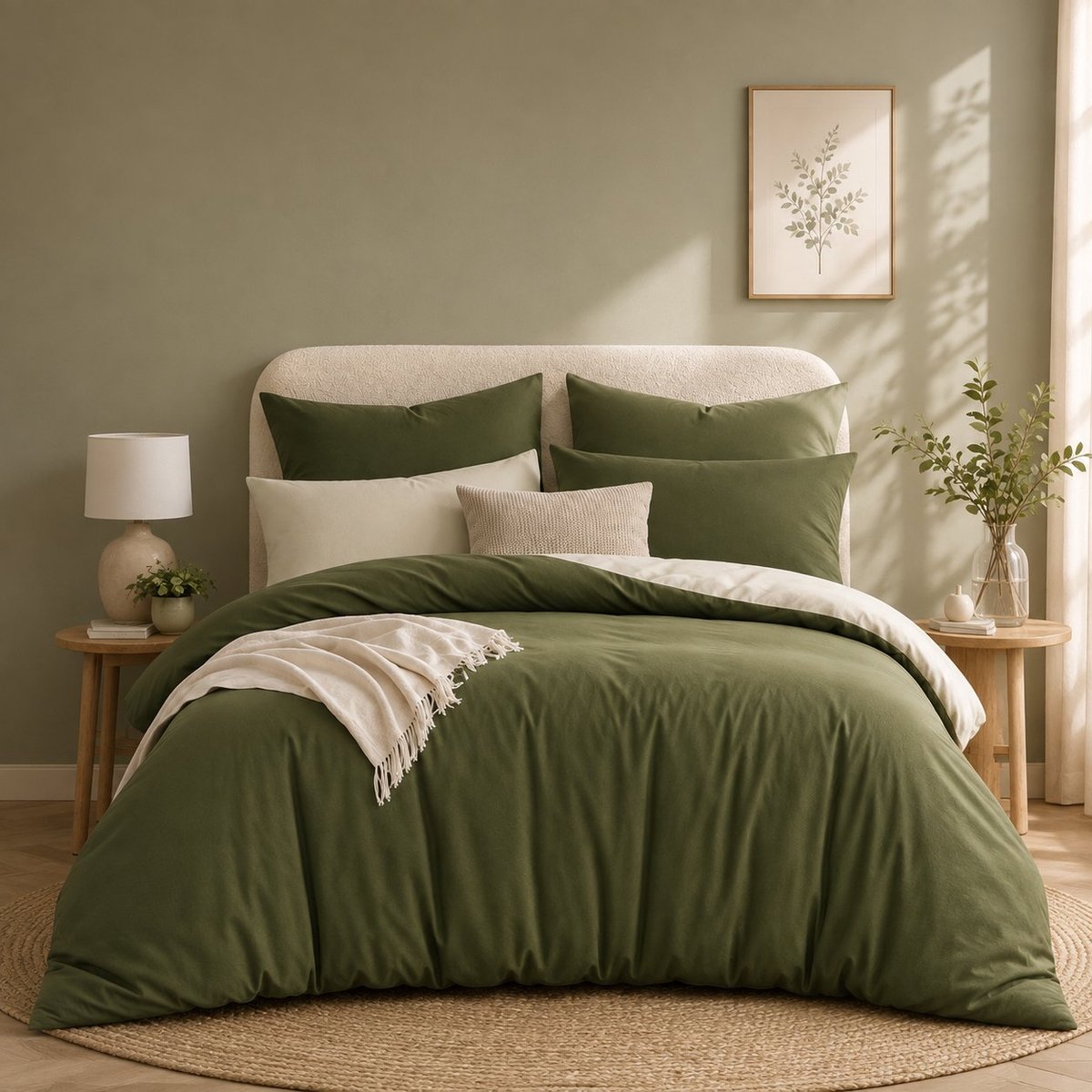Nazik Living Dekbedovertrek 220 x 240 cm, Olijfgroen/Beige, 3-delig, Omkeerbaar, Microvezel