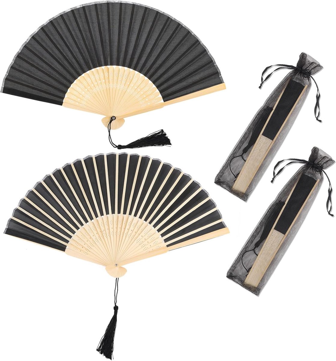 2 stuks vouwwaaiers met franjes van zijde, handwaaiers, draagbaar, 21 x 38 cm, opvouwbaar, voor waaiers, bruiloft, dans enz. (Black2) | 21 x 38 cm, opvouwbare waaiers, voor bruiloft, dans enz. (Black2)