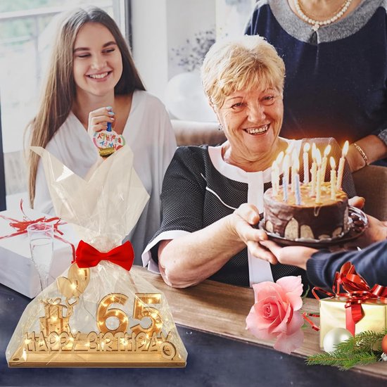 Verjaardagsdecoratie voor mannen en vrouwen, geldgeschenken met led-lichtketting vlinderdas en cadeaupapier, houten bord, gastenboek, 65 jaar, bruiloft, jubileum, tafeldecoratie — afbeelding 4