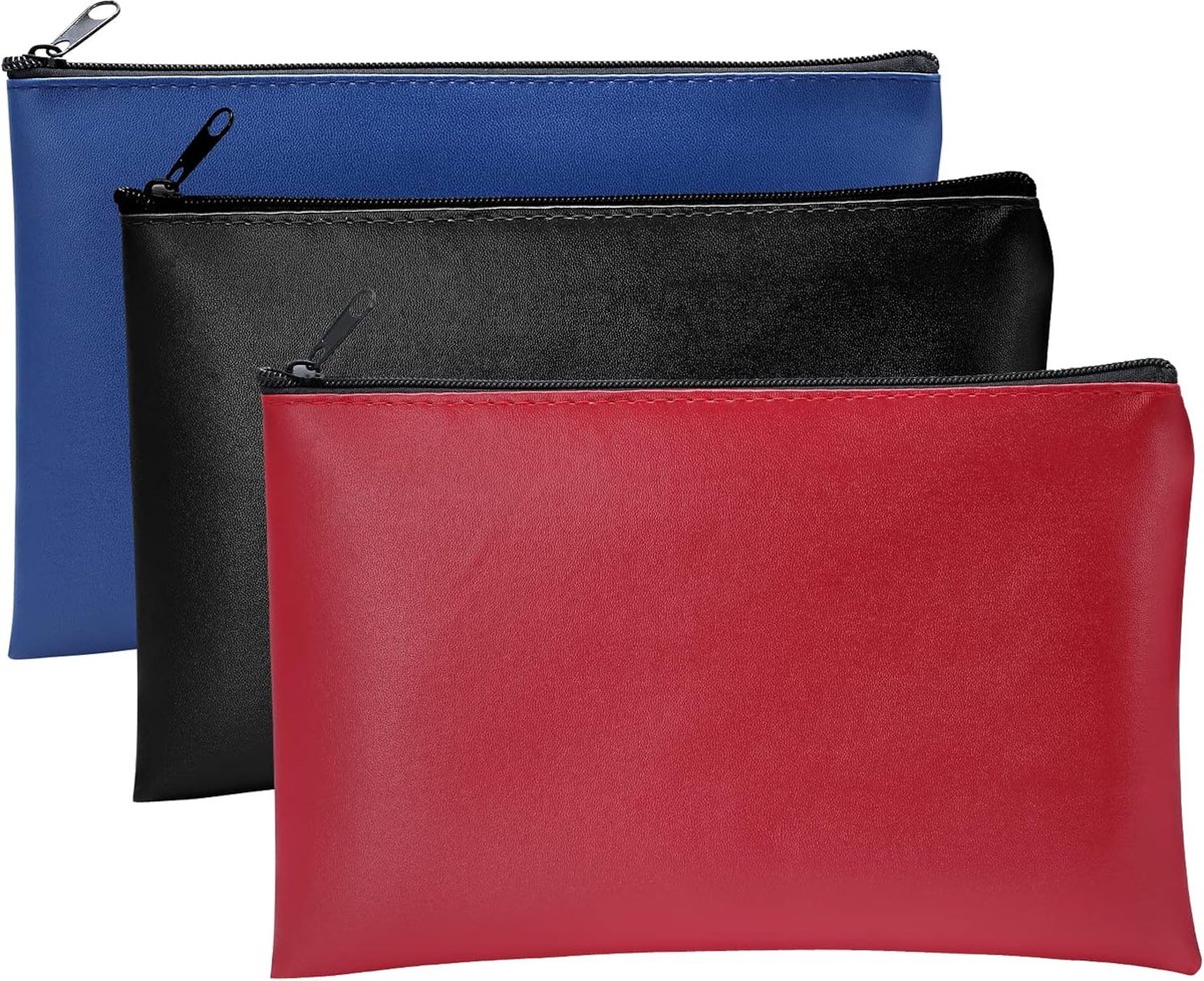 3 stuks banktassen van kunstleer, 25 x 16 cm, portemonnee voor A5-documenten, portemonnee voor business, huishouden, school (blauw, rood, zwart)