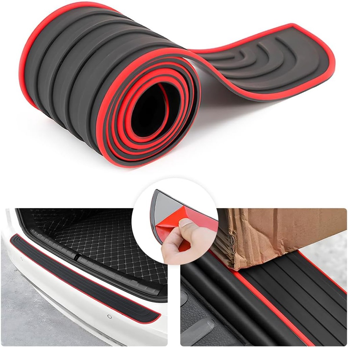 Bumperbescherming Rubber Dorpellijsten, Auto Ladekantenbescherming Achterbumperbescherming, Zelfklevende Achterbumperbescherming voor Auto (Zwart/Rood-104x9cm)