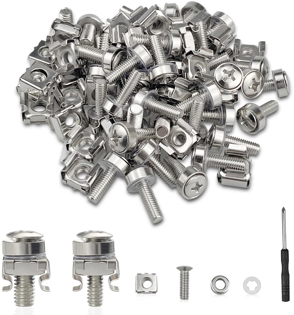 Kooimoeren, kastschroeven, rack-montage, server, planken, schroeven en sluitringen, moeren, gereedschap, set voor netwerkkasten (met schroevendraaier)