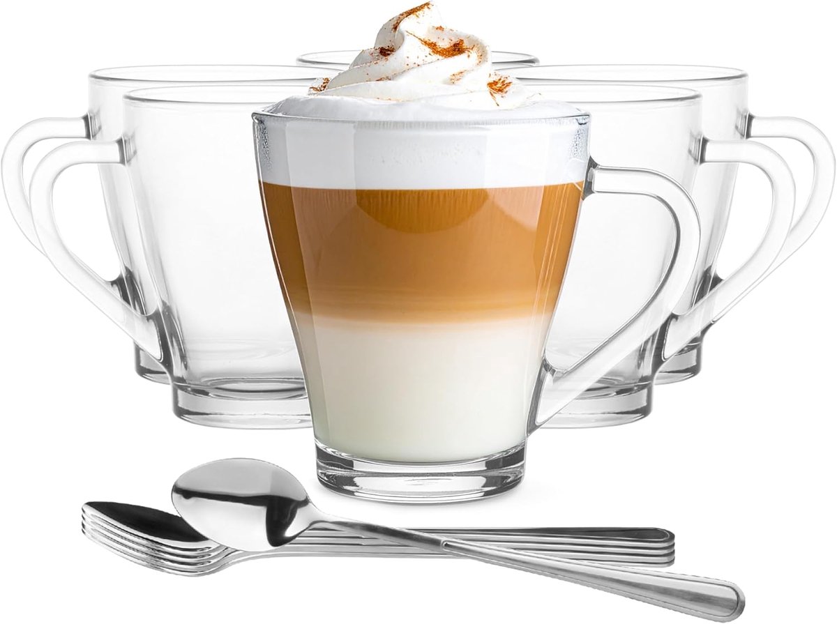 KROSNO 1992 Latte Macchiato Glazen Set Van 6 360 ml Met Handvat En Lepel Theeglazen Cappuccino Ijsthee Thermoglazen Transparante Glazen