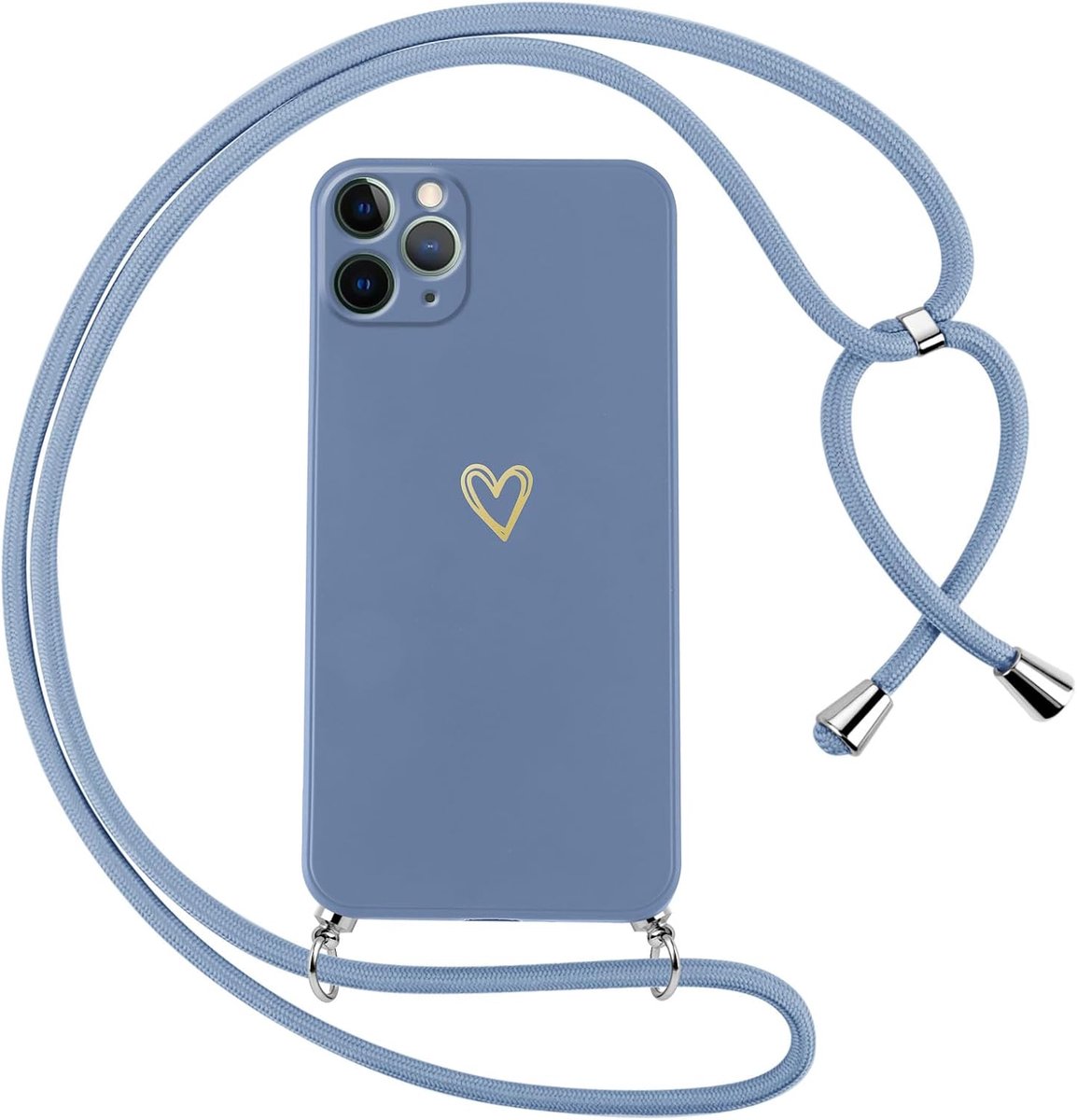 Beschermhoesje voor iPhone 11 Pro met omhangkoord, zachte siliconen hoes met hartpatroon en halsketting, schouderriem, schokbestendig, krasbestendig, verstelbaar koord, beschermhoes, blauw