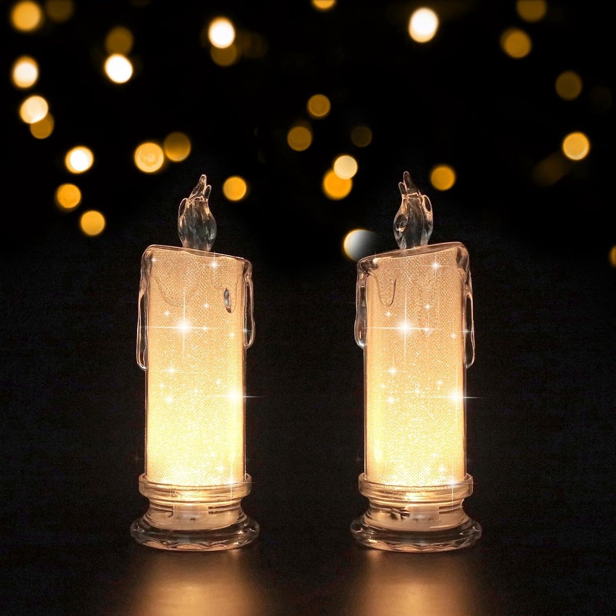Schaduwloze led-kaars, 2 stuks, batterij-aangedreven led-zuil, kaarsen, kristal, led-kaarslicht met realistische vlam, licht, bureaulamp voor Valentijnsdag, romantische kerstversiering