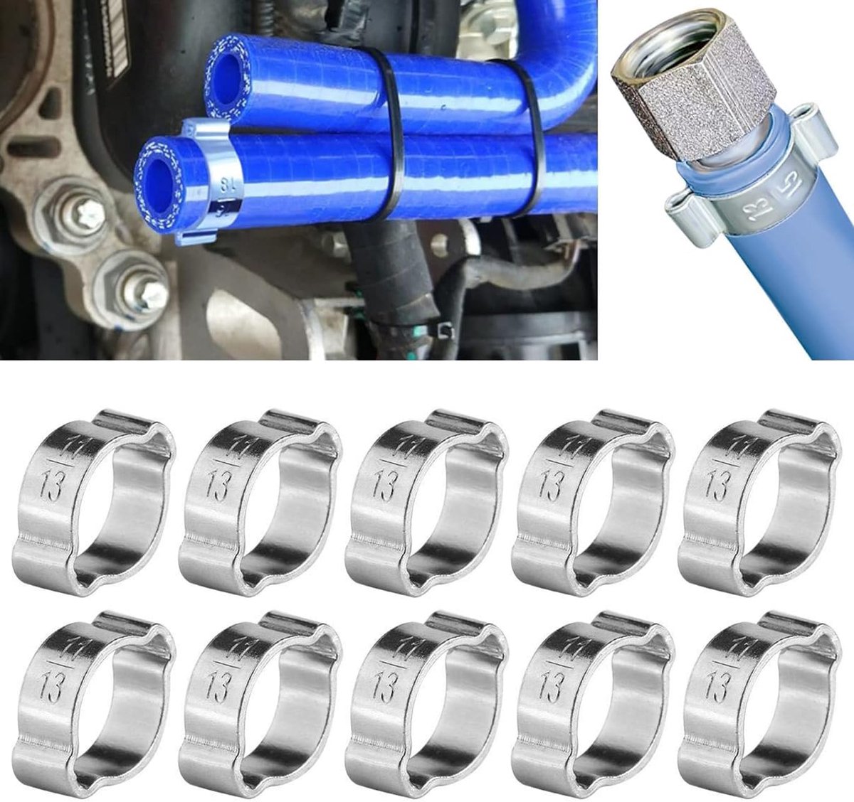 10 Stuks Dubbele Slangklemmen, Roestvrijstalen Slangklemmen Met Twee Oren, O-Clip Slangklemmen, Buisverbindingsbevestigingen, Voor Siliconen/Rubberen Slangen en Brandstofleidingen (11-13mm)