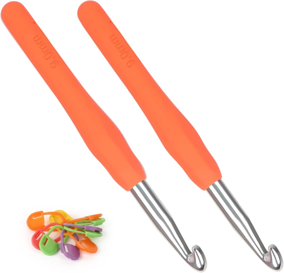 Haaknaalden 9,0 mm, 2 stuks metalen haaknaalden, ergonomische haaknaald met zachte grip voor artritische handen, TPR-greep, haaknaalden voor beginners en professionals, comfortabele haaknaald 9