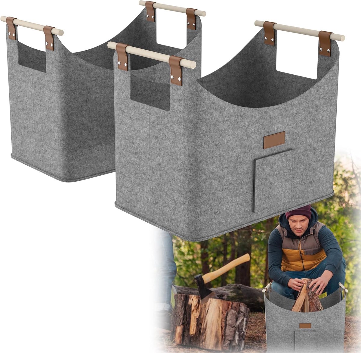 Brandhoutmand, vilten mand, 4 stuks, houten mand, haardhout, vilten zakken, extra dikke haardhoutmand met handvat, brandhoutmand voor vuur en brandhout, 50 x 32 x 40 cm, grijs