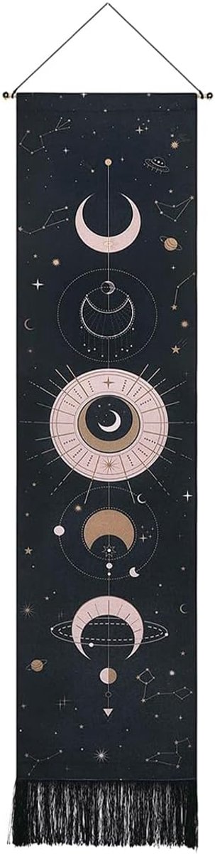 Wandtapijt Wandtapijt Maanconstellatiepatroon Boheems met ophangstang Lanyard en haken voor woonkamer slaapkamer (zwart)