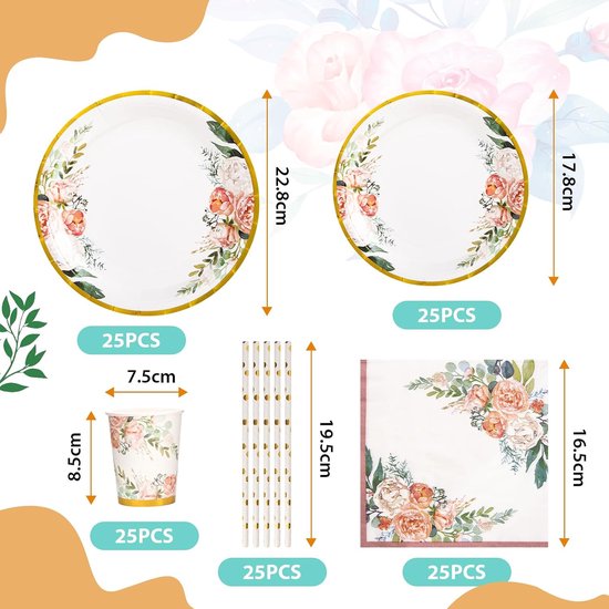 Roségoud met Bloemen, 125-Delige Set Wegwerpservies Voor Verjaardagsfeestjes: Papieren Borden, Bekers, Rietjes en Servetten — afbeelding 2