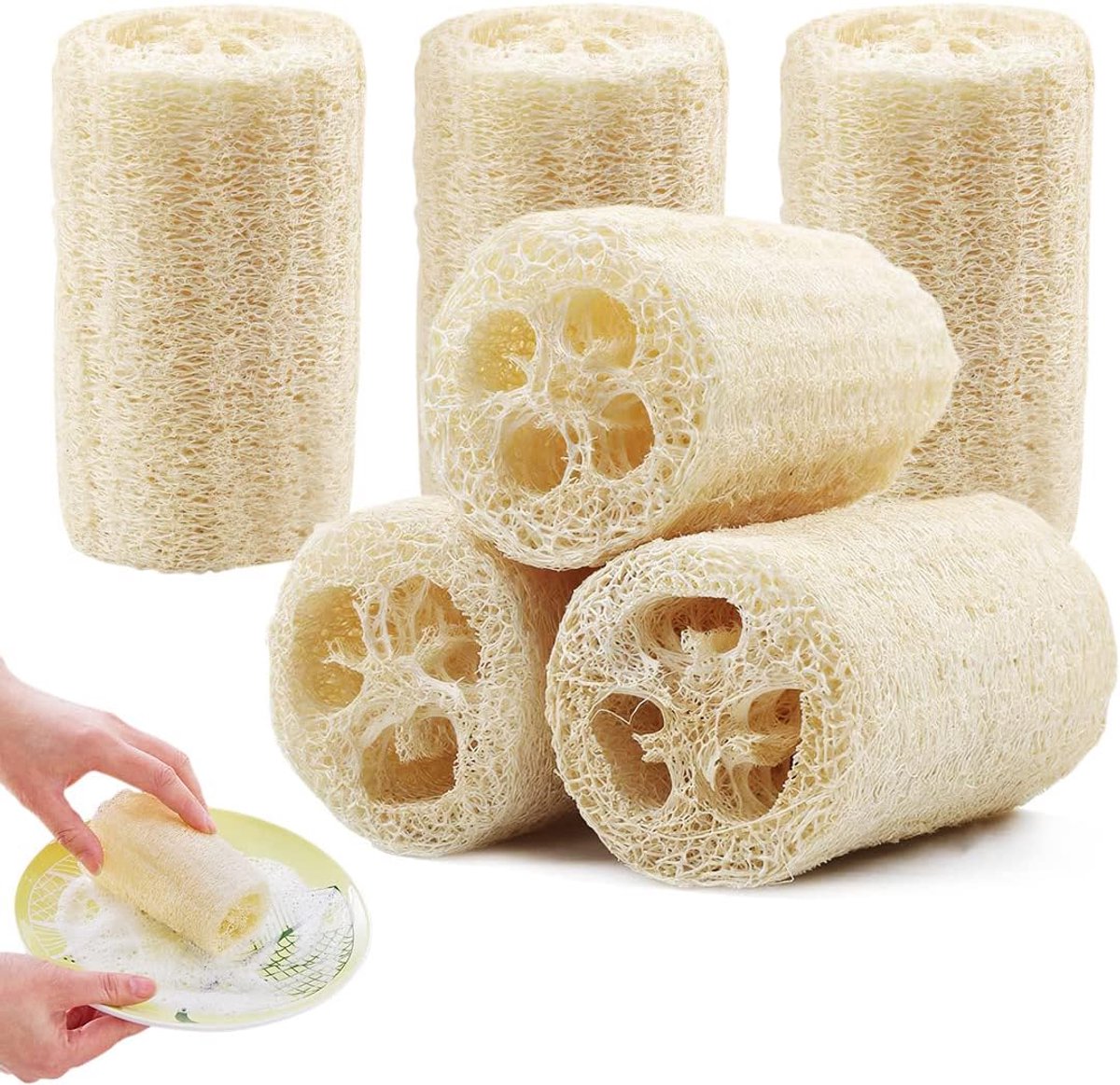6 stuks natuurlijke loofah spons, 10 cm keuken sponzen luffa spons - herbruikbare loofah schotel spons, bad scrub body loofah back scrubber voor douche schrobben/keuken schoonmaken/DIY maken