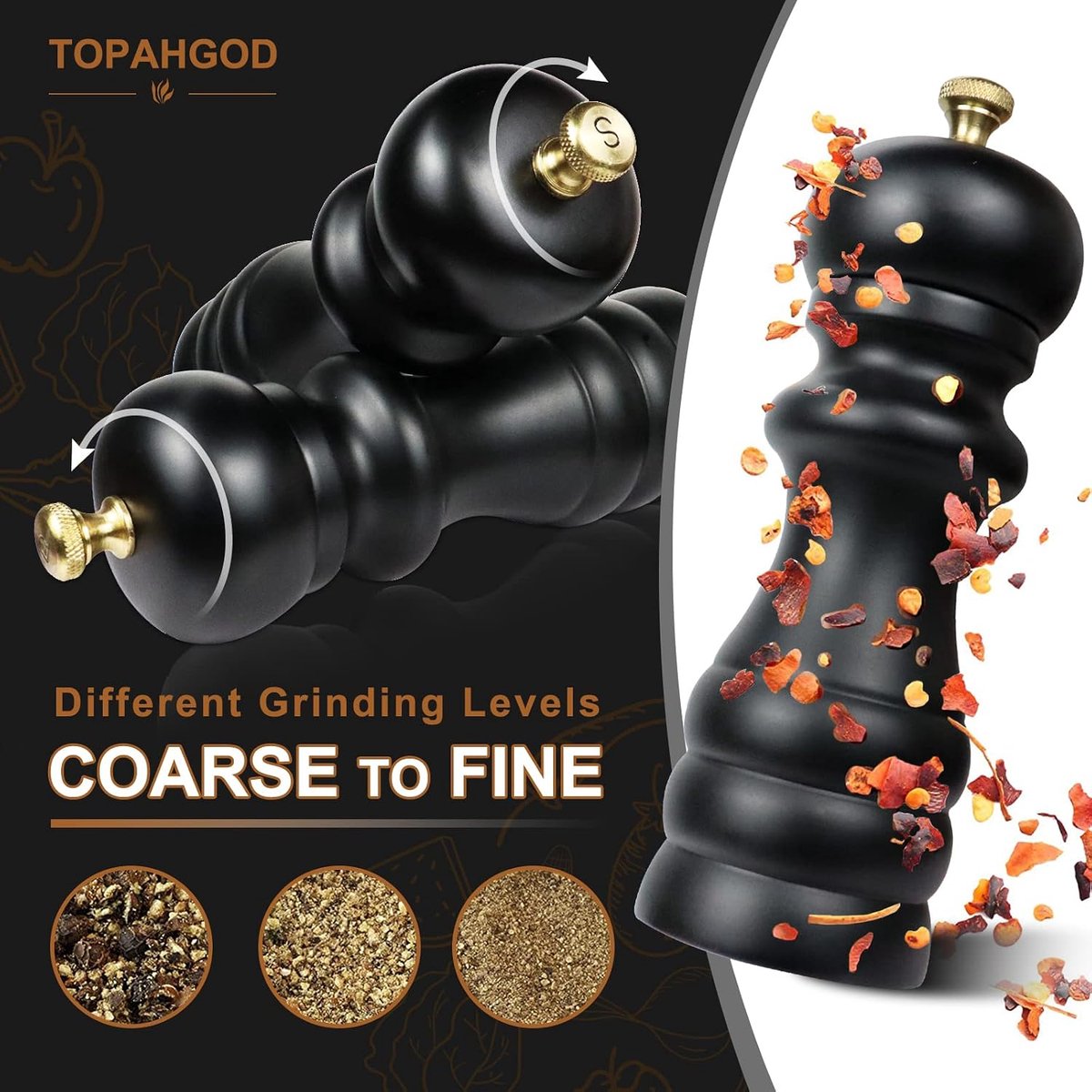 Zout- en pepermolen set, 6,5 inch houten zout- en pepermolen, handmatige pepermolen met instelbare grofheid, navulbare kruidenmolen, ideaal voor het malen van zeezout/chili/Sesam, zwart 2 stuks