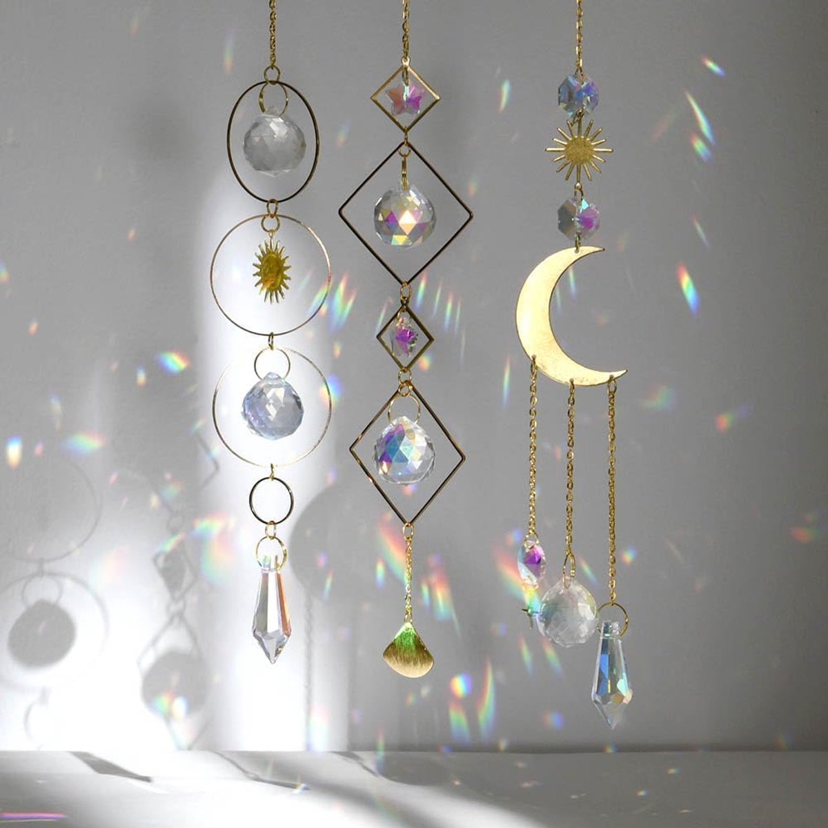 Sun Catcher Crystal Wind Chimes, 3 stuks Sun Catcher Crystal Hanging Wind Chimes Rainbow Sun Moon Hanger Kristallen Ornament Kristallen Ballen voor Tuin Home Office