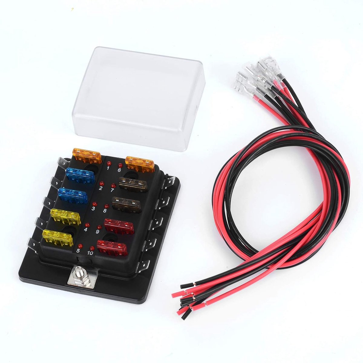 Zekeringkast voor auto, 12 V, 10-weg blade-zekeringhouder met kabel, led-display, ATC/ATO, 5A, 7,5A, 10A, 15A, 20A, zekeringbus voor auto, boot, boot, vrachtwagen (10-weg)
