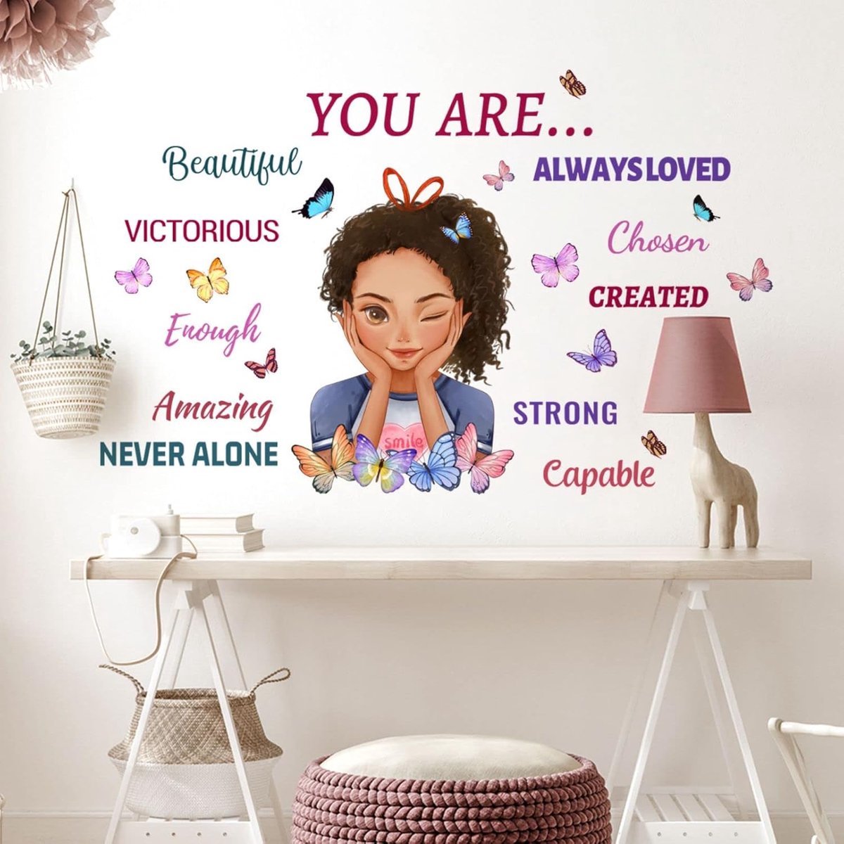 Zwarte Meisje Inspirerende Citaat Vlinder Muurstickers, Positieve Decoratie Meisjesslaapkamer Kunst, Inspirerende Vlinder Stickers voor Meisjes, Kinderkamer Huisdecoratie