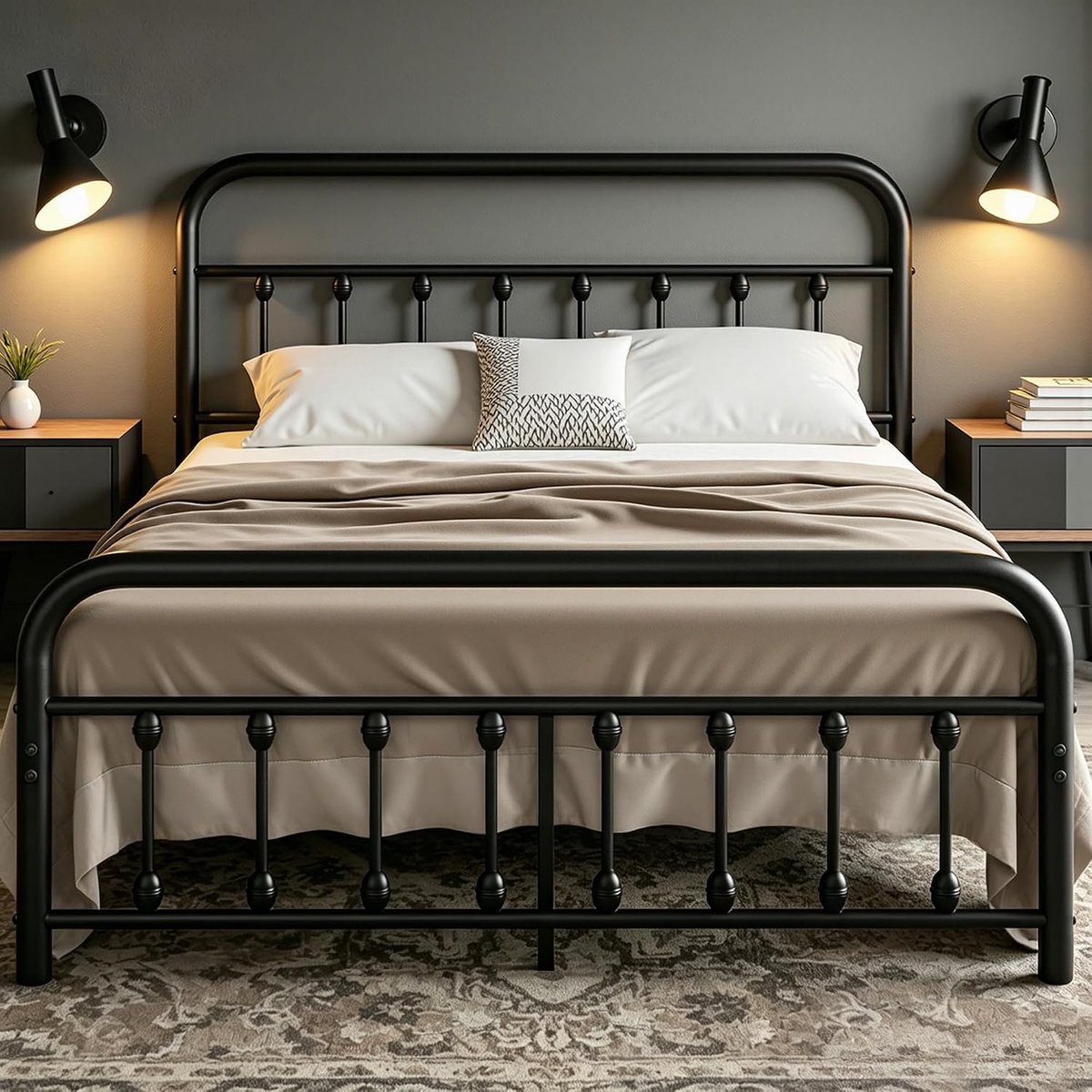 bedframe met hoog hoofdeinde, stabiel bedframe, tweepersoonsbed van metaal met lattenbodem, metalen logeerbed, tienerbed, veel opbergruimte onder het bed, 140 x 200 cm, zwart