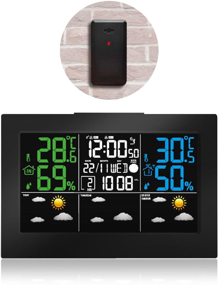 Draadloos weerstation Forecast, gekleurd lcd-display, 16,7 x 9,4 cm, temperatuur, luchtvochtigheid, luchtdruk en maanfasen, dubbel alarm en vorstwaarschuwing, zwart