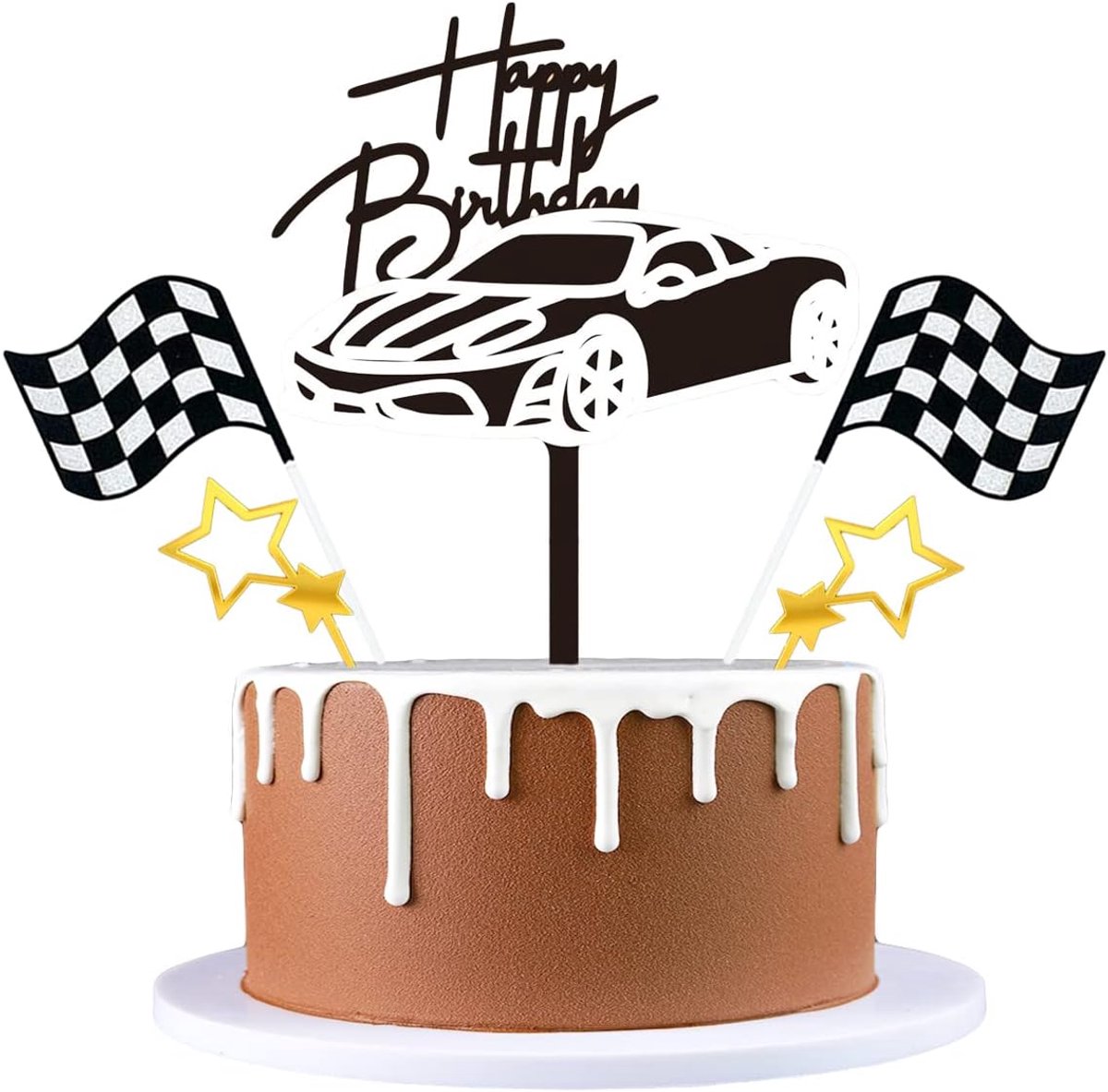 5 stuks acryl auto taart topper raceauto gelukkige verjaardag taart topper racen thema cupcake toppers met ster geruite vlaggen taart pick voor verjaardagsfeestje decoratie - zilver