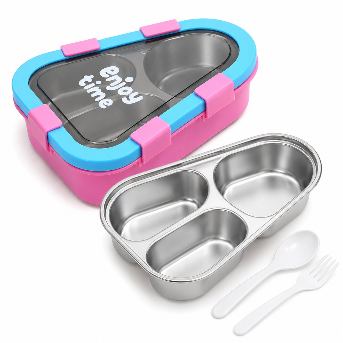 VHV - Kinderlunchbox 470 ml - Bento Broodtrommel met 3 Vakken en 304 RVS Binnenbak - Inclusief Lepel en Vork - Voor School - Roze/Blauw