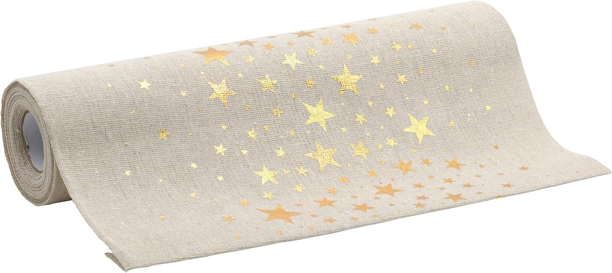100%Mosel tafelloper linnen look naturel met gouden sterren (28 cm x 5 m) | Elegante tafeldecoratie voor Kerst & advent, feestelijke decoratie voor speciale gelegenheden