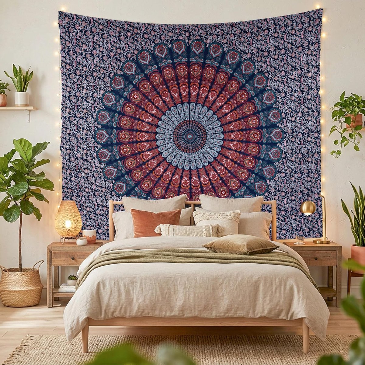 Finesse Mandala pauw wandtapijt, boho, wandtapijten, Indiaas wanddoek, wandkleed voor woonkamer, slaapkamer en woondecoratie - goudblauw, 137 x 213 cm