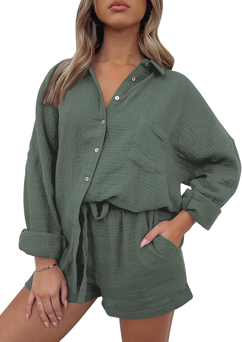 2 Piece Sets For Women Lounge Wear Matching Two Piece Pajama Fashion Oversized Shirts And Shorts Spring Outfit 2025 01ArmyGreen XL