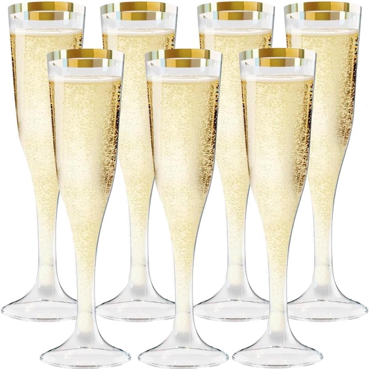 Champagneglazen, plastic, 50 stuks, champagnefluiten van kunststof, 150 ml, herbruikbare champagneglazen met gouden randen, marker, plastic, champagneglazen voor bruiloft, feest, picknicks, outdoor