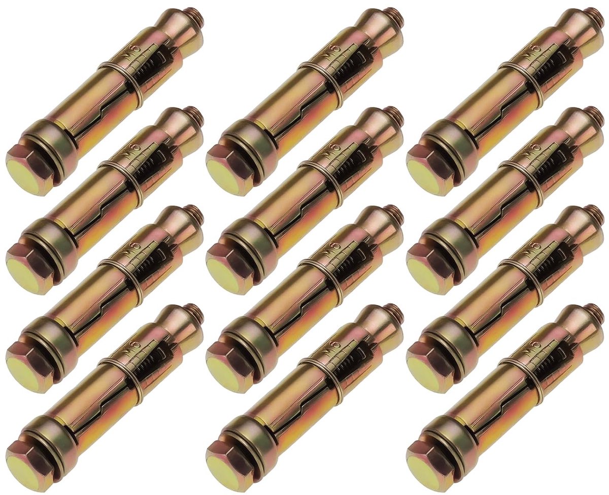 12 stuks M6 x 50 mm driedelige uitbreidingsbouten schildanker zwaar verzinkt, 12 mm diameteranker voor bouw, thuis en industrieel gebruik