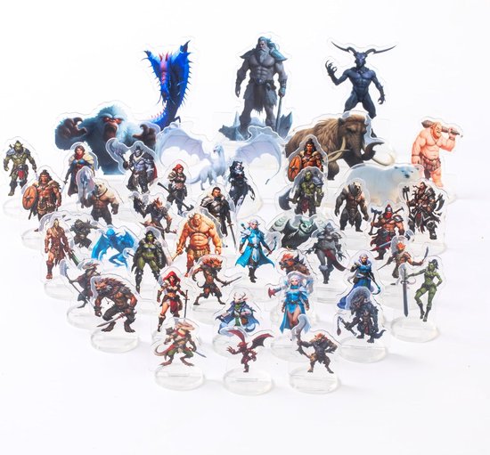 Een grote groep fantasy figuren met diverse rassen en wapens, waaronder een mammoet, draak en demon.