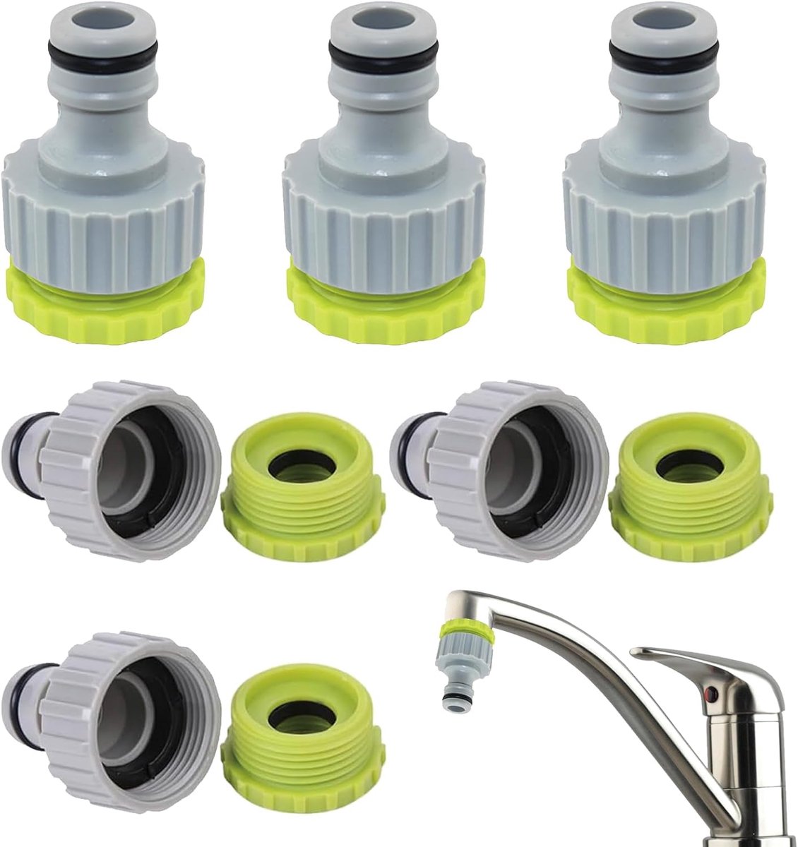 6 stuks kraanadapters en kraanconnectorset, 2-in-1 slangaansluiting met 1/2 inch 3/4 inch schroefdraad, kunststof wateraansluitadapter voor tuinirrigatie, Gardena kraanaansluiting,