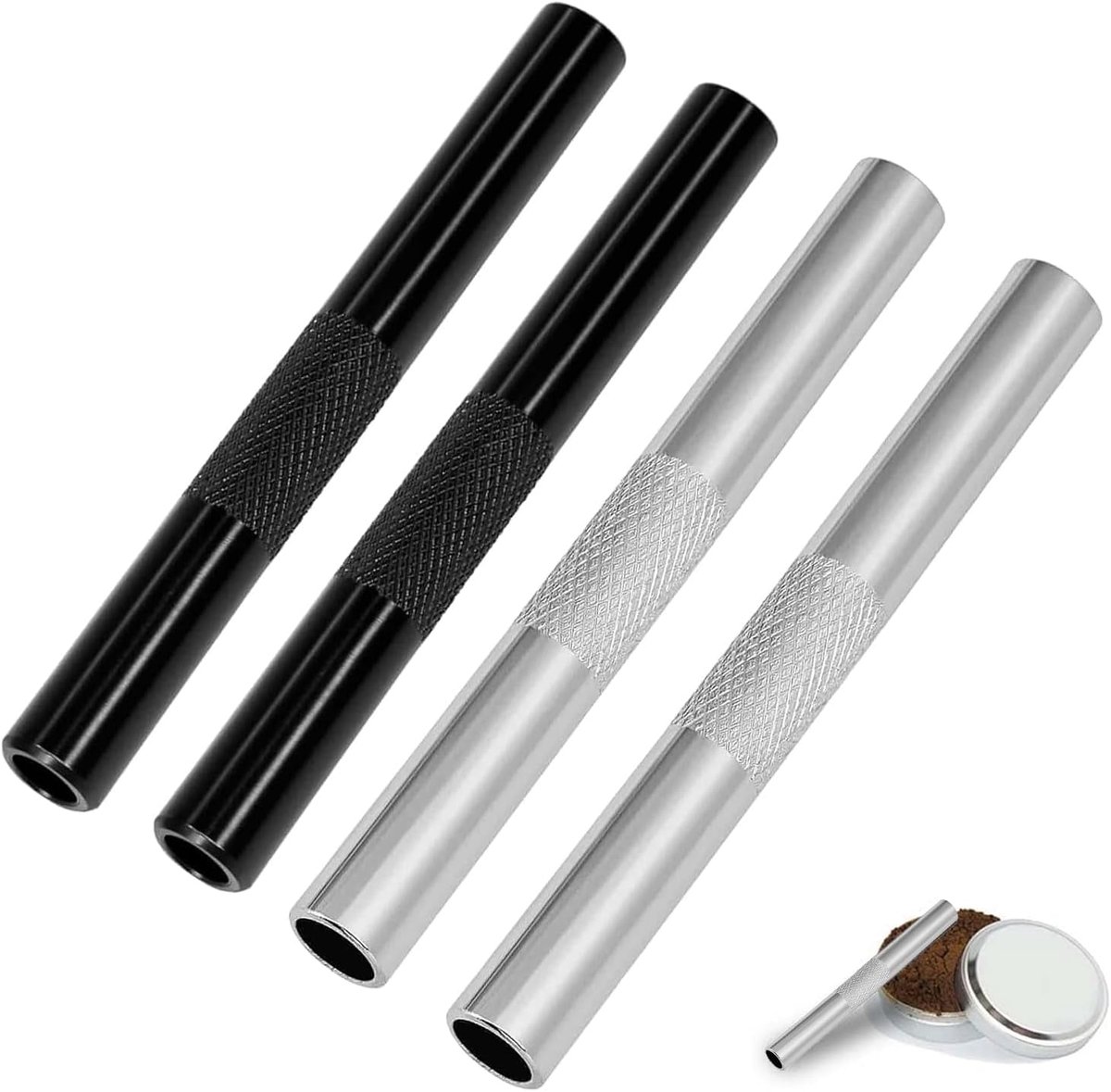 4 stuks trekbuisjes, zilver/zwart, 7 cm draagbaar rietje, metalen buis, herbruikbaar, premium rietje voor picknicks, kamperen, reizen