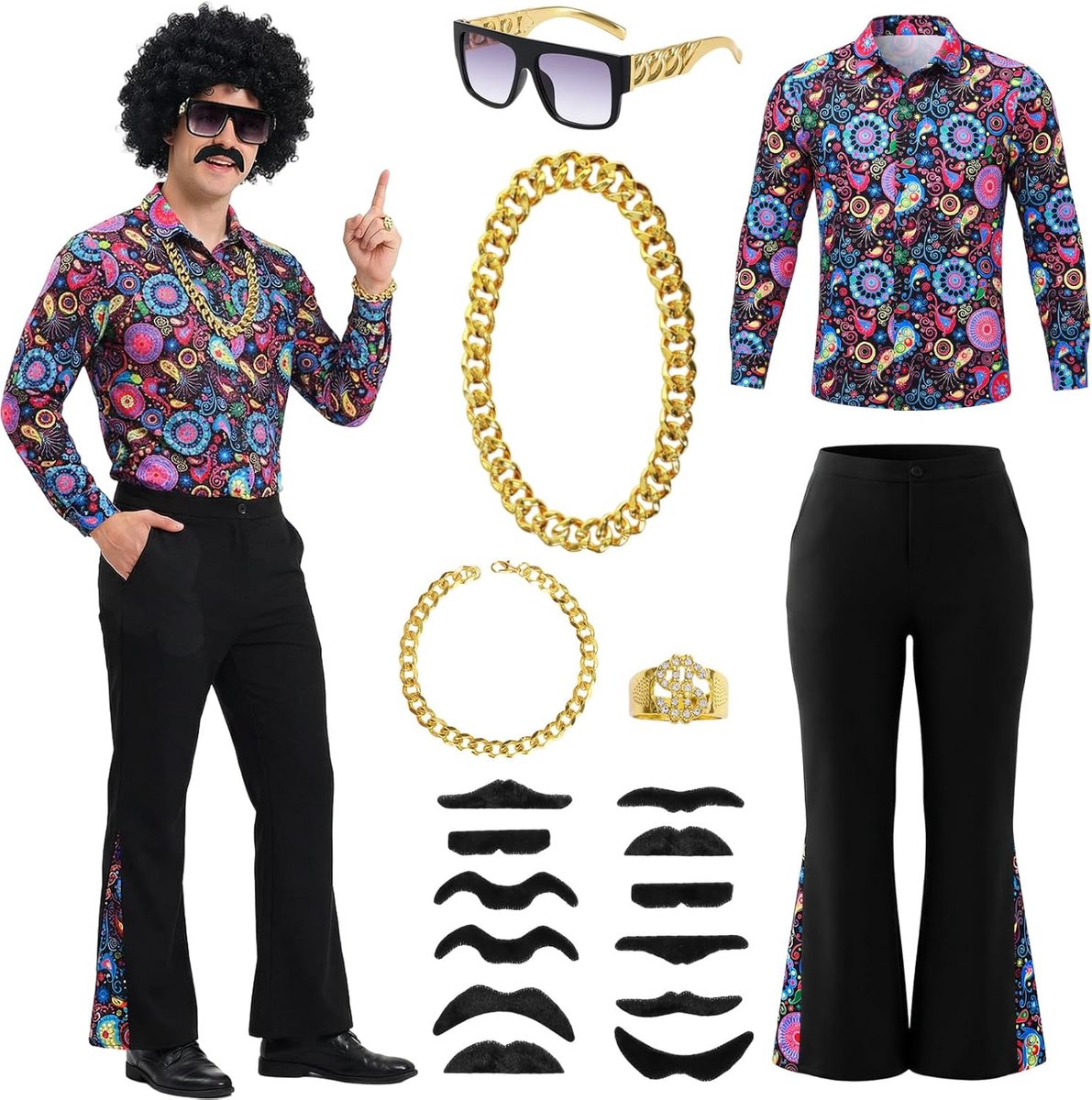 Jaren 70-kostuum voor heren, 18-delig hippiekostuum voor mannen, set, disco, carnaval, feestkostuum voor heren, met hemd, voor jaren '70-party, carnavalskostuum, themafeest