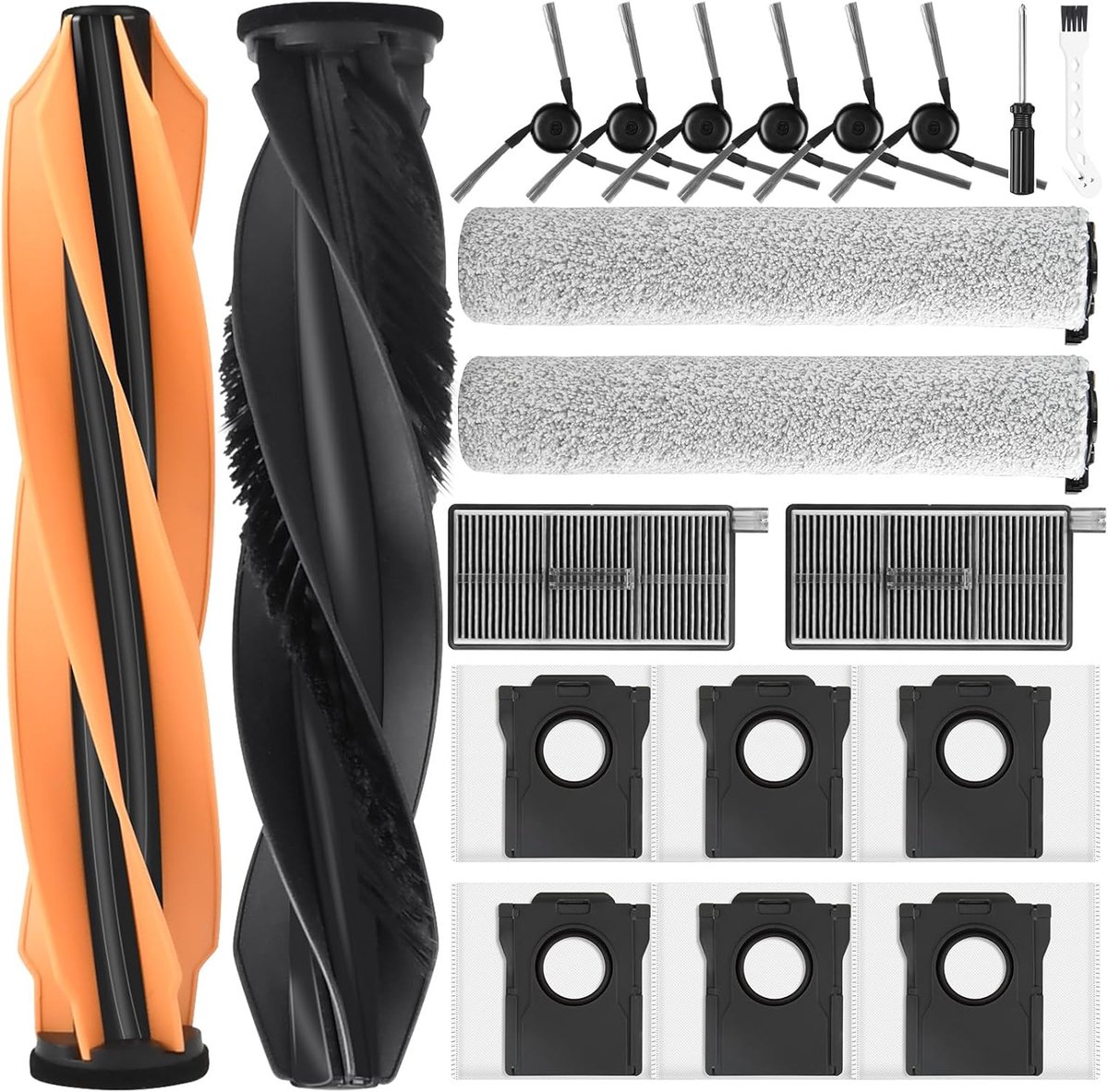 20 stuks Aqua 10 Ultra accessoires voor Dreame Aqua10 Ultra robotstofzuiger, 1 hoofdborstel, 6 stofzuigerzakken, 2 rollen reinigingsdoek, 2 HEPA-filters, 6 zijborstels, 1 reinigingsaccessoire, 1