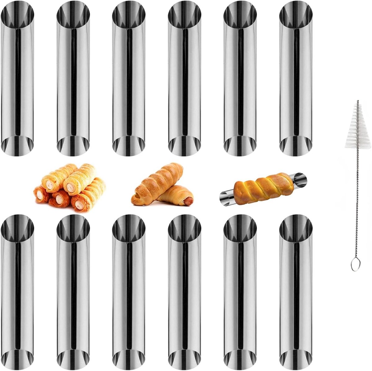 12 stuks roestvrij stalen Cannoli Ciciliani bakvormbuisjes, 12,5 cm, schuimrollen, croissantvorm, anti-aanbak, schuimrolvormen, irispelvorm, bakaccessoires met
