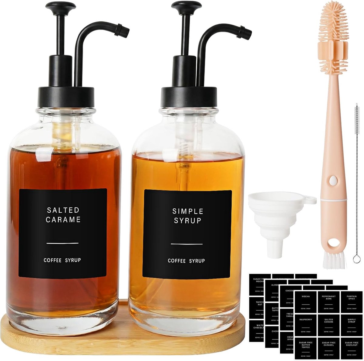 glazen set, 2-delige glazen flessen met pompdispenser, 500 ml, voor koffiebar, inclusief etiketten, trechter, dienblad en reinigingsaccessoires