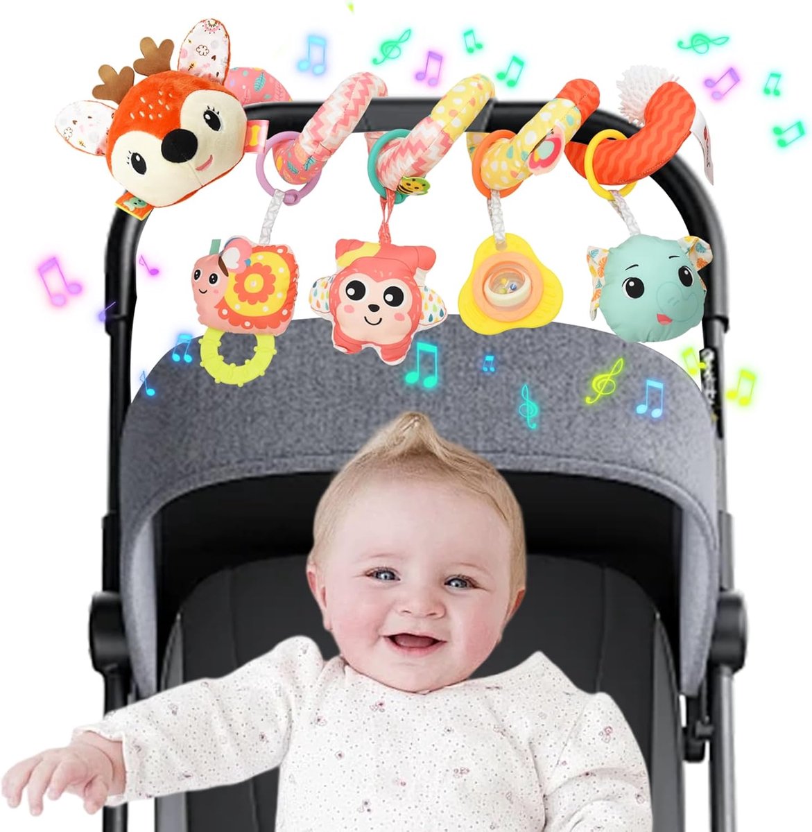 Kinderwagen, spiraalvormige kinderwagen hangend speelgoed met muziekdoos, spiraalvormige pluche activiteitenwandelwagen, speelgoed voor autostoeltje, mobiele wieg, pasgeboren sensorisch