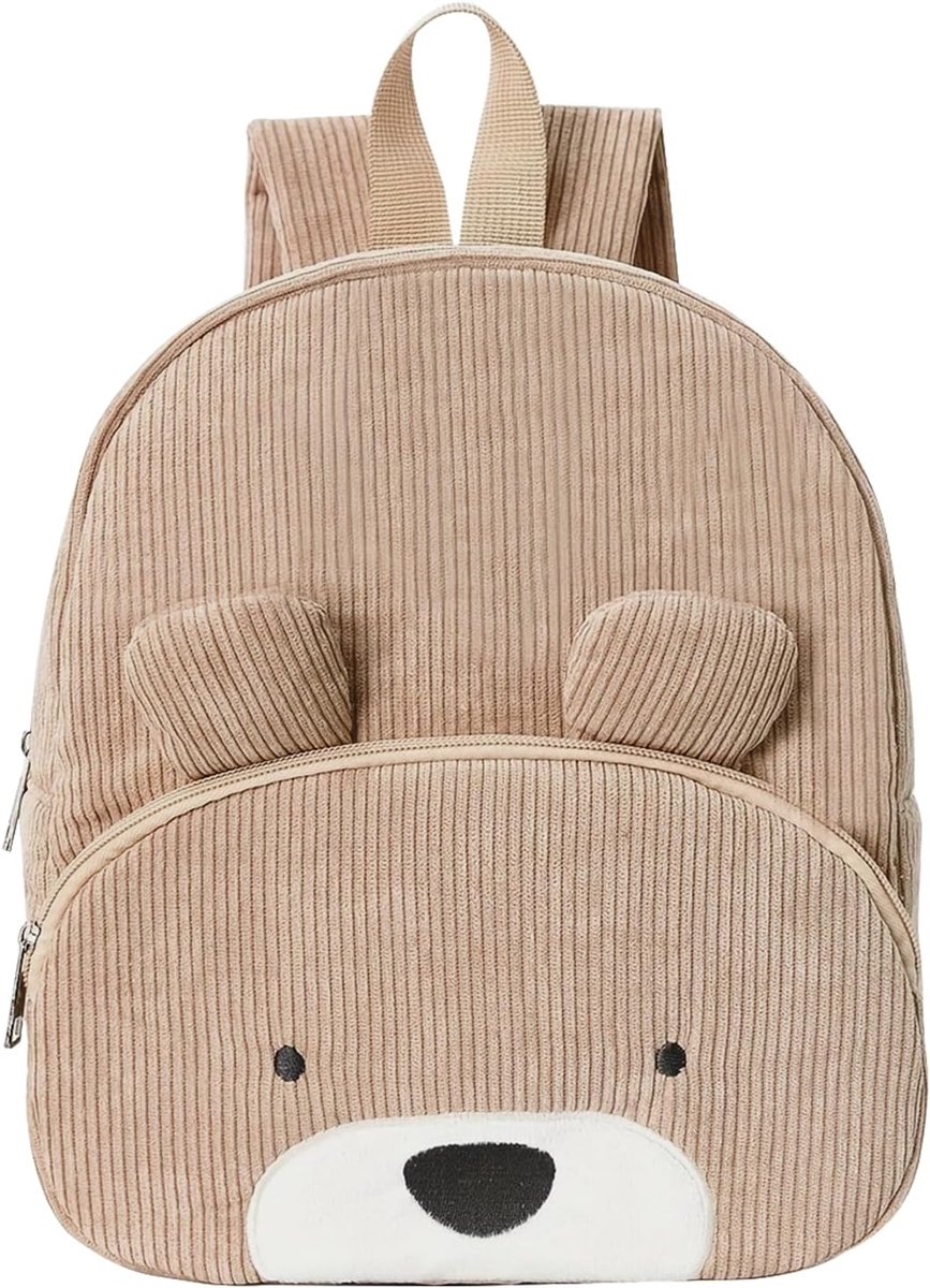 Kinderrugzak, kinderrugzak met beer, zachte corduroy rugzak, kleuterschoolrugzak, schattige meisjesrugzakken voor school en reizen, Kaki, Medio