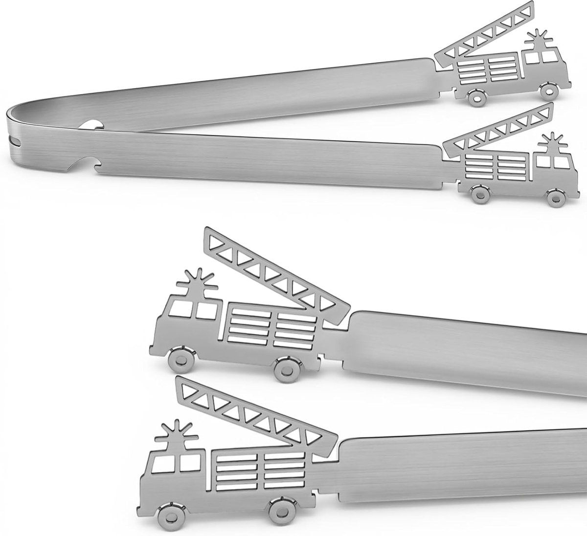 Grilltang Van Roestvrij Staal Worsttang Cadeau Voor Mannen Grillaccessoires Cadeaus Voor Mannen, Vader, Opa Voor Feestjes, Tuin Vaatwasmachinebestendig, Zilver(Brandweerwagen)