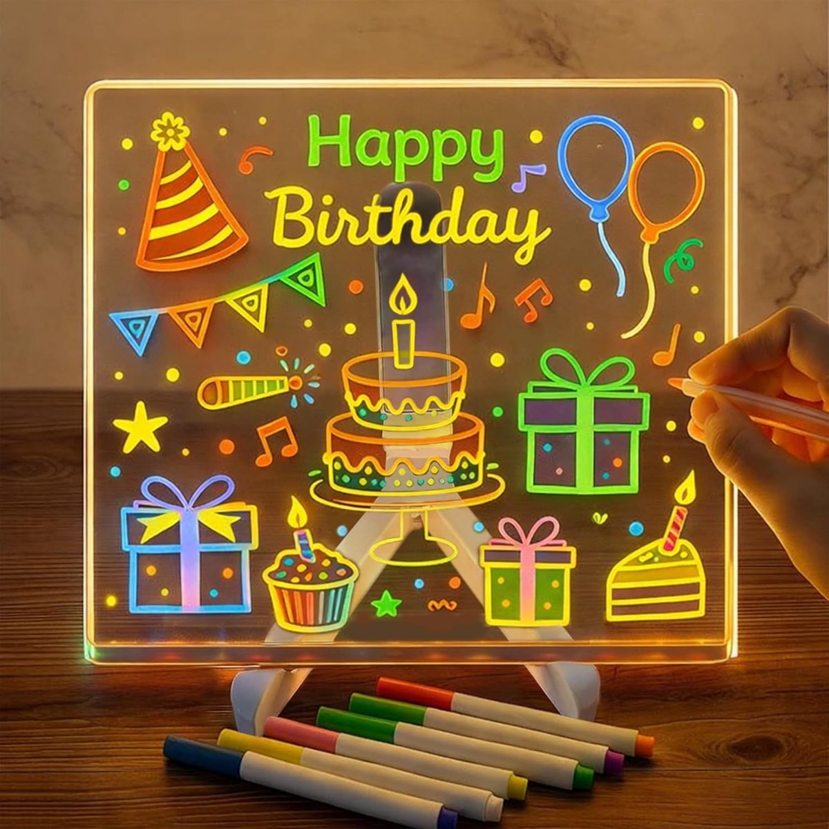 Acrylbord met ledverlichting, 7 kleurpotloden, met verstelbare standaard, transparant schrijfbord met ledverlichting, uitwisbaar, notitieblok, schrijfbord, memo (20 x 20 cm)