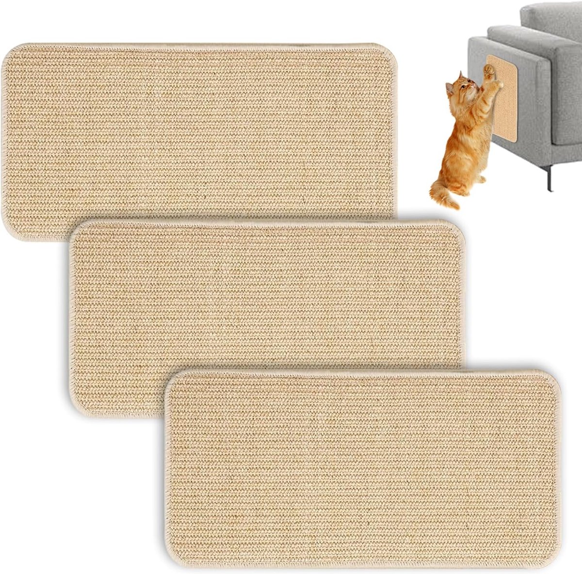 3 stuks krabpaal matten voor katten wandmontage, 50 x 25 cm, sisal kattenkrabkussen, geschikt voor katten, geschikt voor banken en bedden om krassen te voorkomen