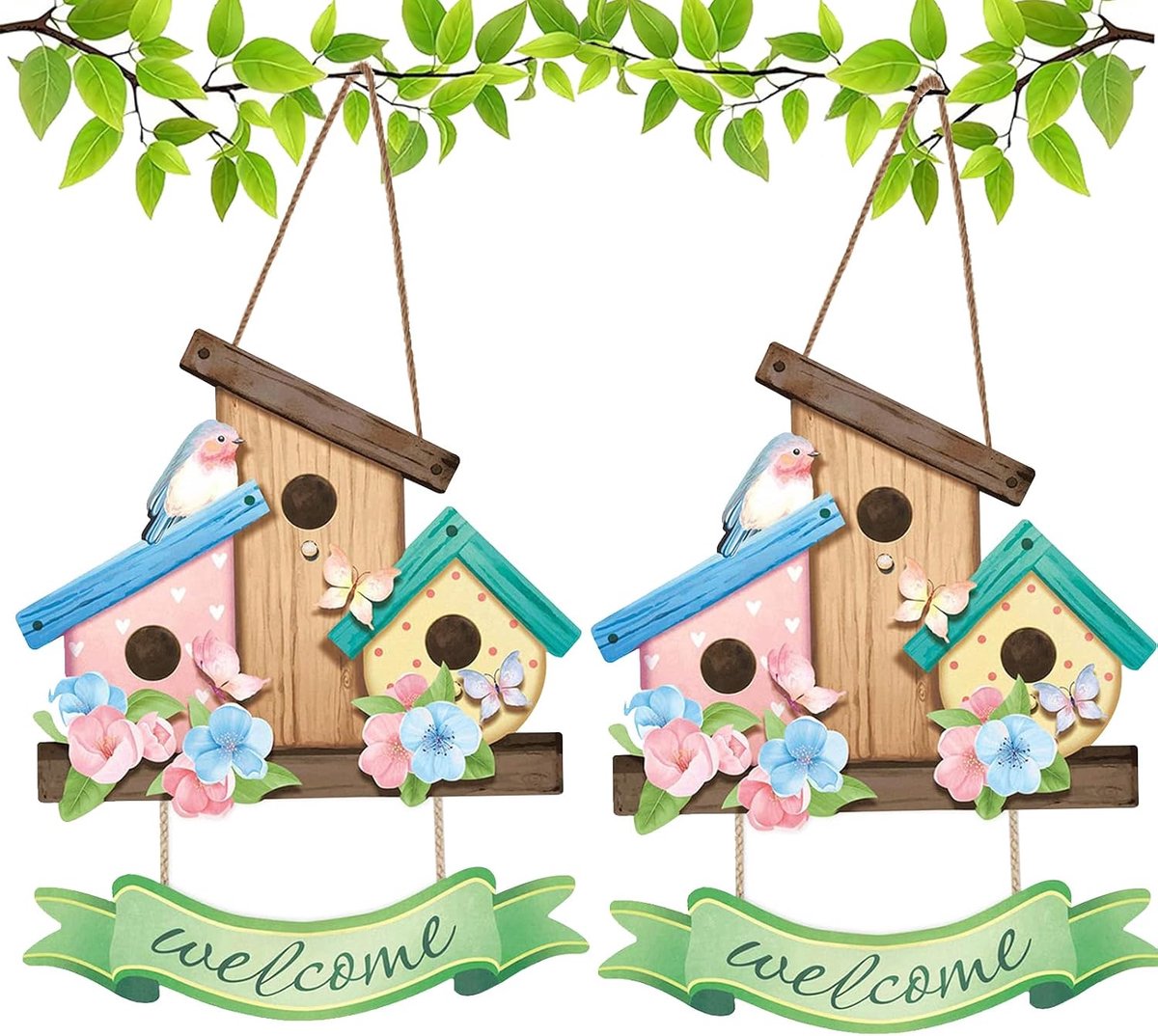 2 stuks lente welkomstbord voor huisdeur, lentedecoratie tuin, hartelijk welkomstbord met spreuk, lentedecoratie, deurkrans, hangende welkomstdecoratie voor voordeur, voordeur, deurdecoratie