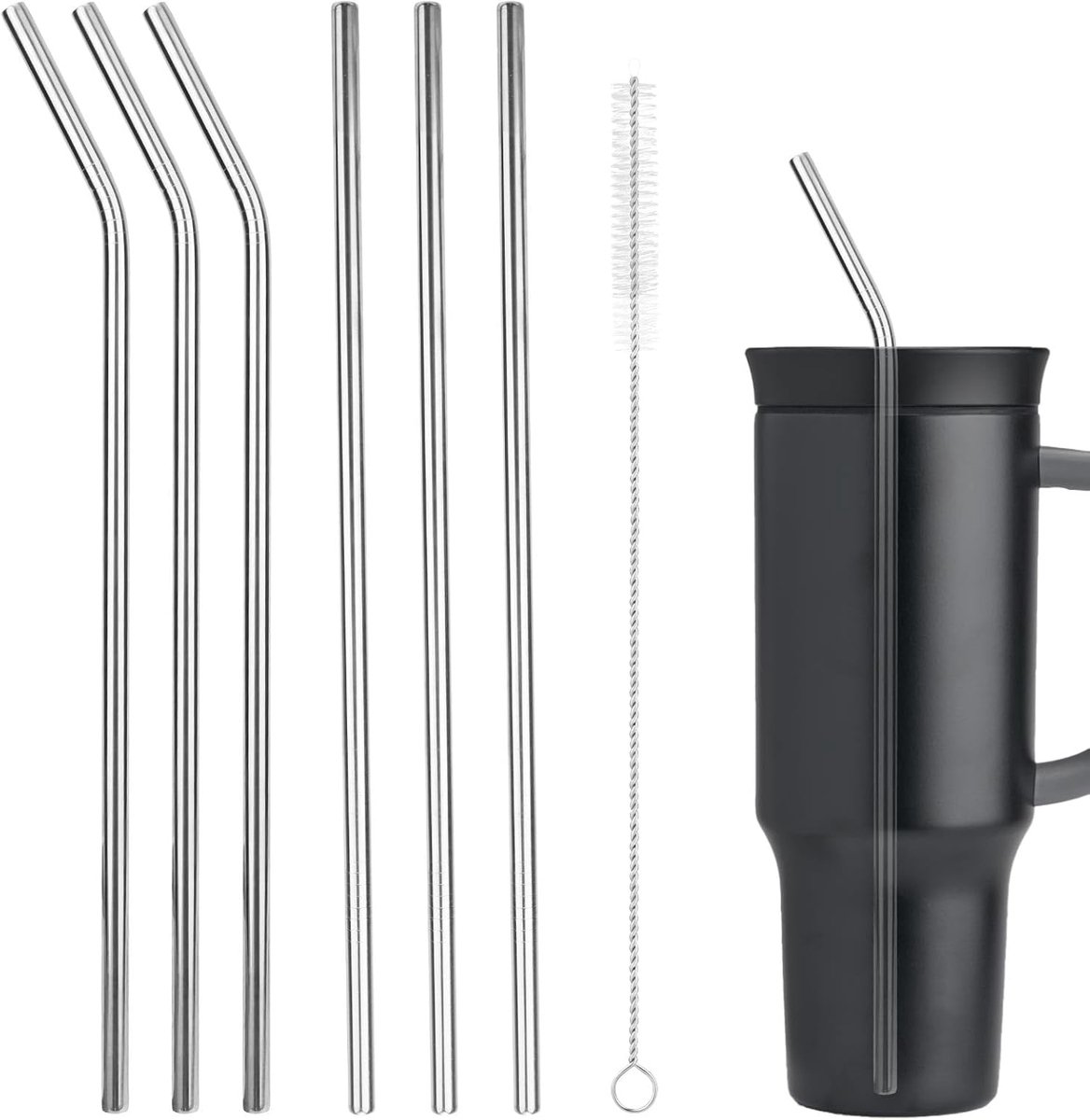 Rietjes voor Owala 40oz Beker, Herbruikbare Mentale Rietjes met Reinigingsborstel Compatibel met Owala (3 x Recht en 3 x Gebogen)