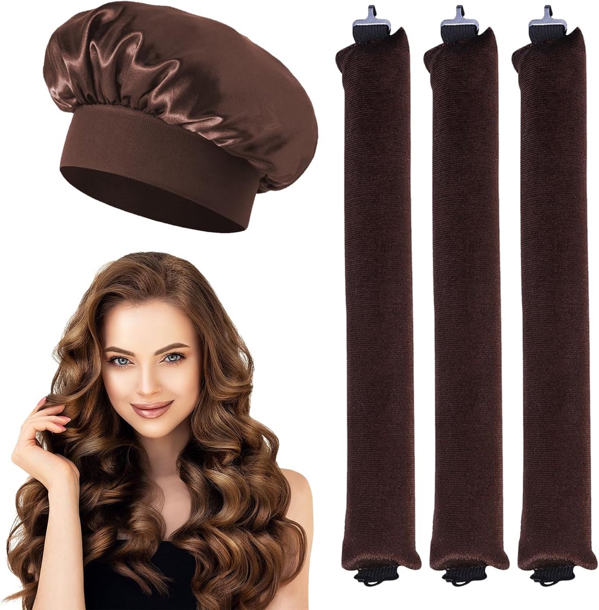 Krulspelden 's nachts, haarpasta, overnight krullen met haken, heatless curls band, met satijnen haarkap, heatless krullen voor gemiddeld lang haar (bruin)