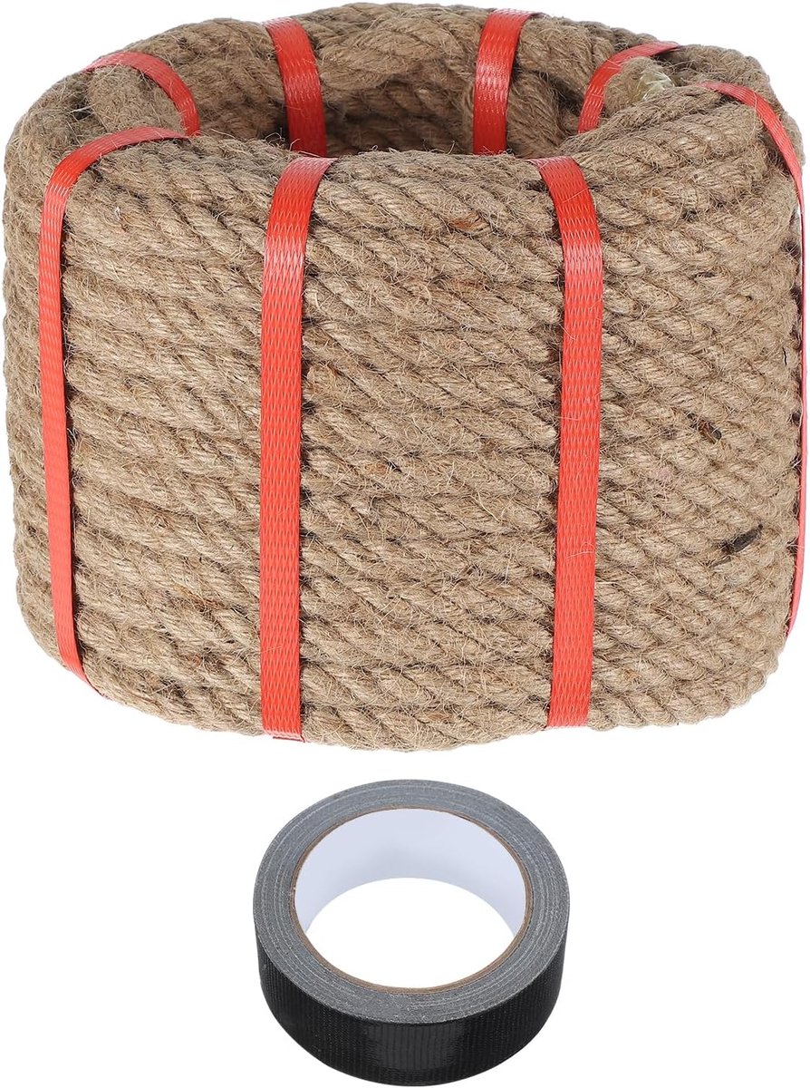 Jute touw 2 cm x 25 m dik, natuurlijk en gevlochten met zwarte band voor handwerk, leuningen, moli touwtrekken, schommels, boot- en landschapsdecoraties