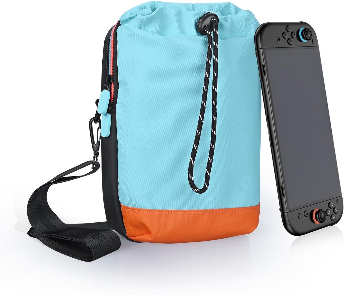 Reistas voor Nintendo Switch 2 van MMOBIEL – Schoudertas met Trekkoordvak voor Joy-Cons, Console & Accessoires – Verstelbare Schouderband - Gaming Draagtasje met Opbergruimte – Blauw/Oranje