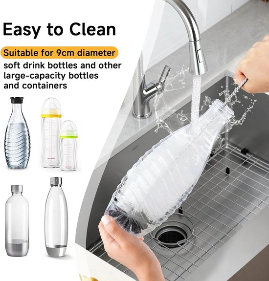 Borstel van 35 cm, compatibel met SodaStream glazen flessen, ideaal voor het verwijderen van hardnekkig vuil zonder krassen, reinigingsborstel met perfecte pasvorm (zwart) — afbeelding 3