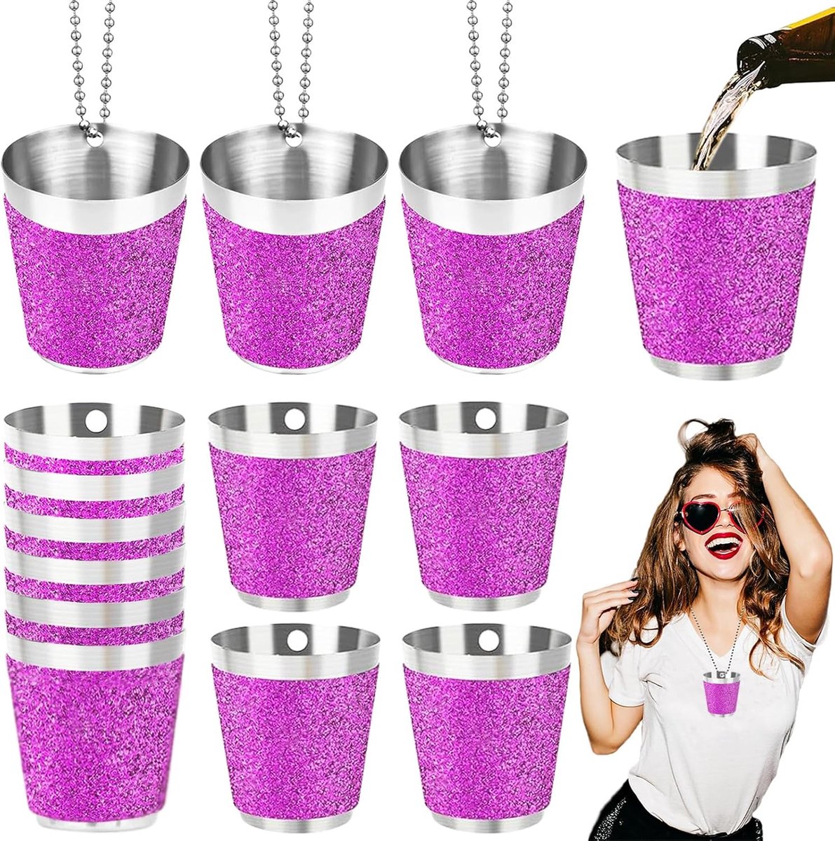 12 Stuks Borrelglaasjes van Roestvrij Staal, Borrelglaasjes 30 ml, Kleine Metalen Bekers, Voor Huwelijksfeesten, Carnavals en Buitenfeesten(4,2 x 3,7 cm, Paars + Zilver)