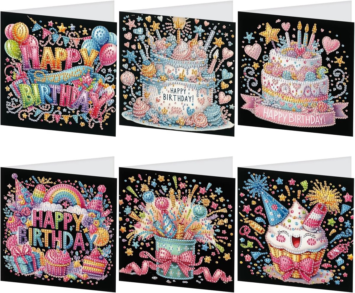 Set van 6 Diamond Painting Kaarten Verjaardagstaart Diamant Schilderij Wenskaart Taart Diamant Verjaardag Kaart Diamond Art Kruissteek Greeting Kaarten Happy Birthday