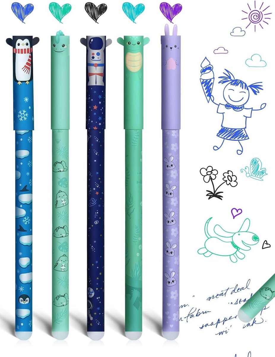 Gelpennen met thermo-gevoelige guminkt, uitwisbare rollerbalpen 0,6 mm, verschillende inktkleuren en diermotieven en astronautendesigns, voor schoolbenodigdheden